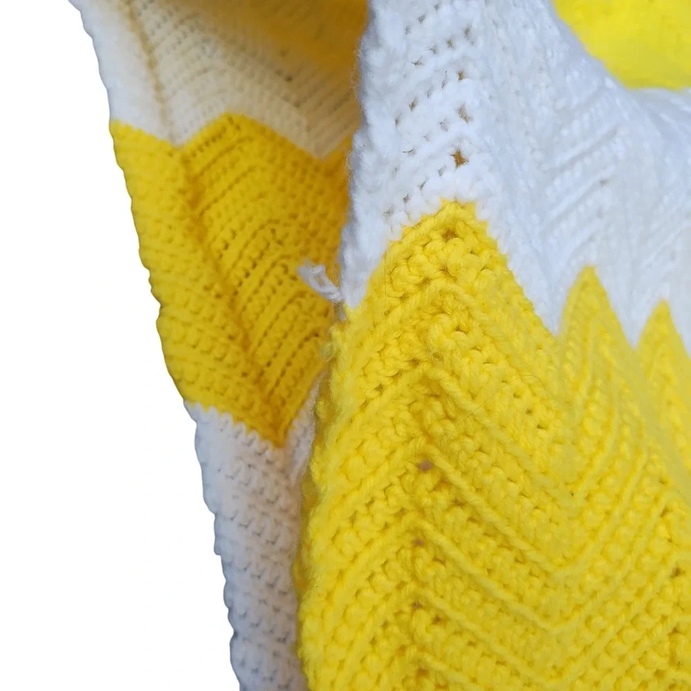 Handmade VTG Crochet Blanket Yellow Chevron Afghan Throw Knit 68x36
